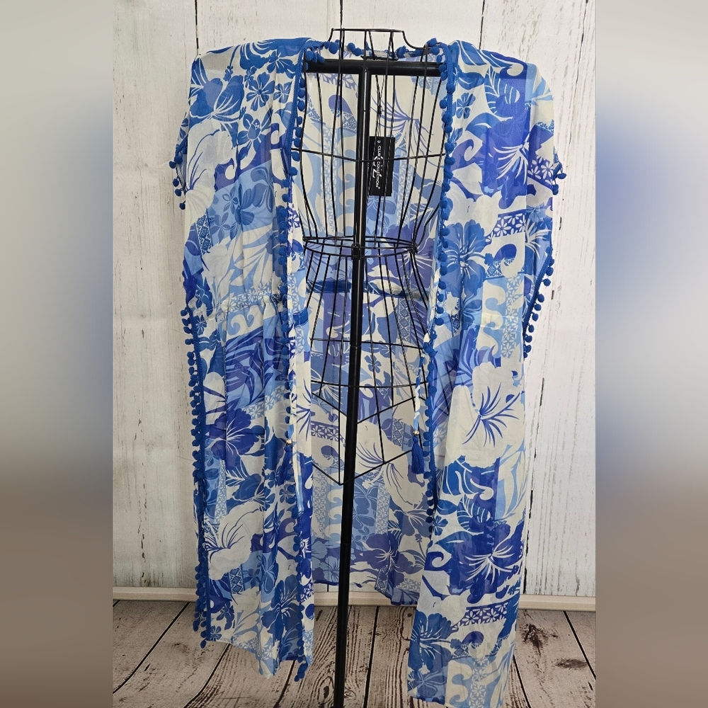 Club Z Beach Collection Blue Floral Patterned Swim Cover Up Waist Tie Pom Poms